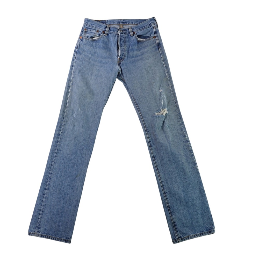 Levis 501 Original Fit Jeans Men 30x34 Light Wash Blue Distressed Button Fly